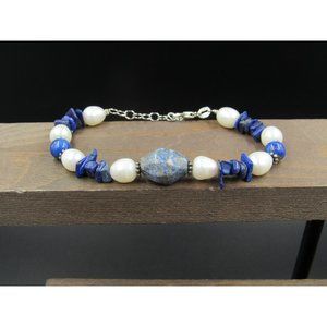 8" Sterling Silver Lapis Lazuli Stones With Real Pearls Bracelet Vintage Wedding
